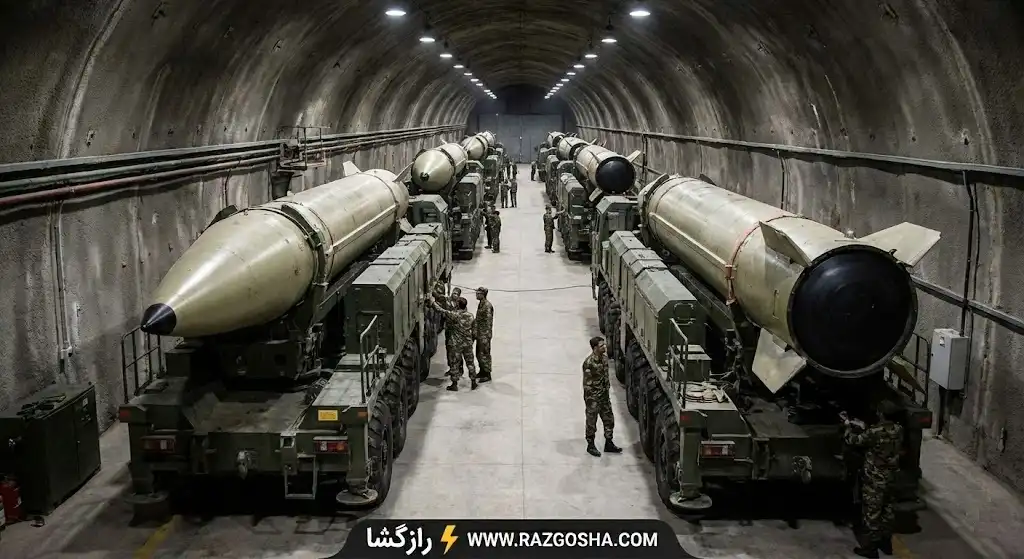 نمایی شبیهسازی شده از داخل یکی از "شهرهای موشکی" زیرزمینی ایران که موشکهای بالستیک را آماده شلیک بر روی لانچرهای متحرک در عمق زمین علیه ناوگان های آمریکا نشان میدهد.