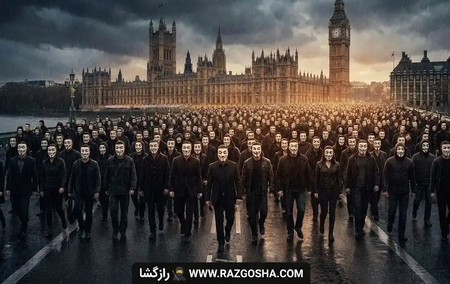 صحنه حماسی پایان فیلم V for Vendetta؛ هزاران نفر از مردم با ماسک گای فاکس به نشانه اتحاد و آزادی به سمت پارلمان حرکت میکنند.